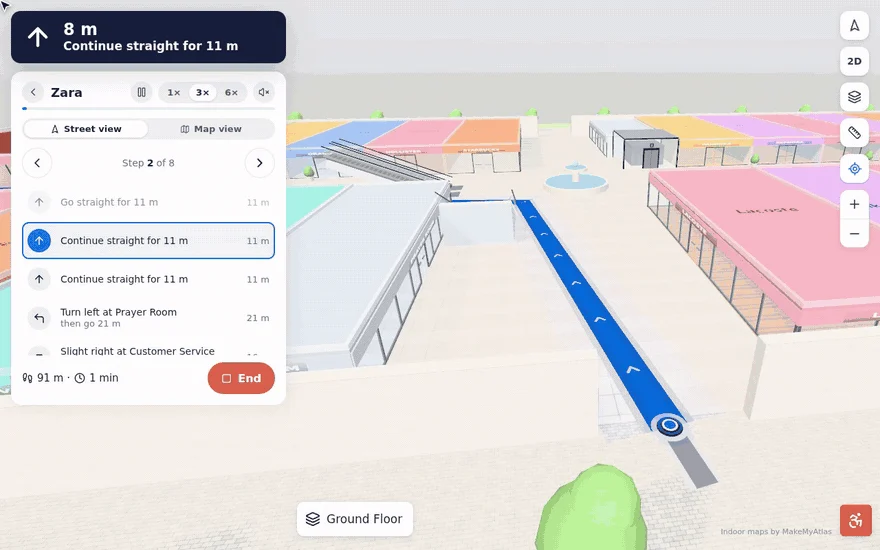 Street-level turn-by-turn navigation in the demo mall.